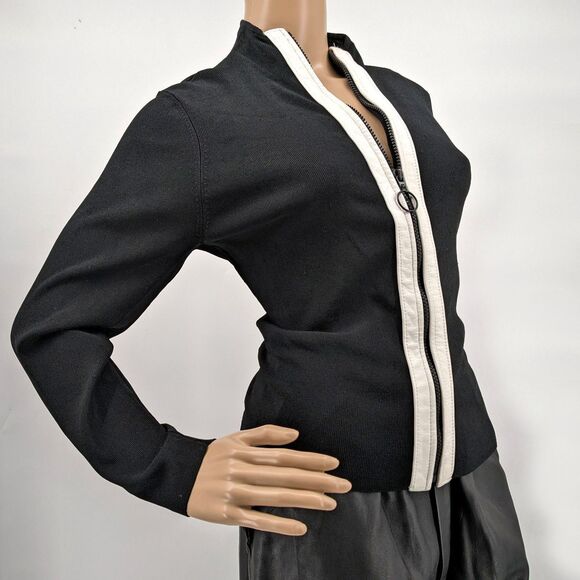 Vintage 90s y2k Black Ribbed Top Zip Front Faux Leather Mod Knit Petite Medium - Picture 1 of 10